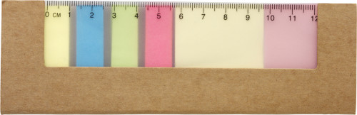 Kartonetui med sticky notes og lineal